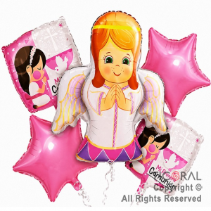 SET DE GLOBOS METALIZADO COMUNION ANGEL ROSA 5 UNIDADES